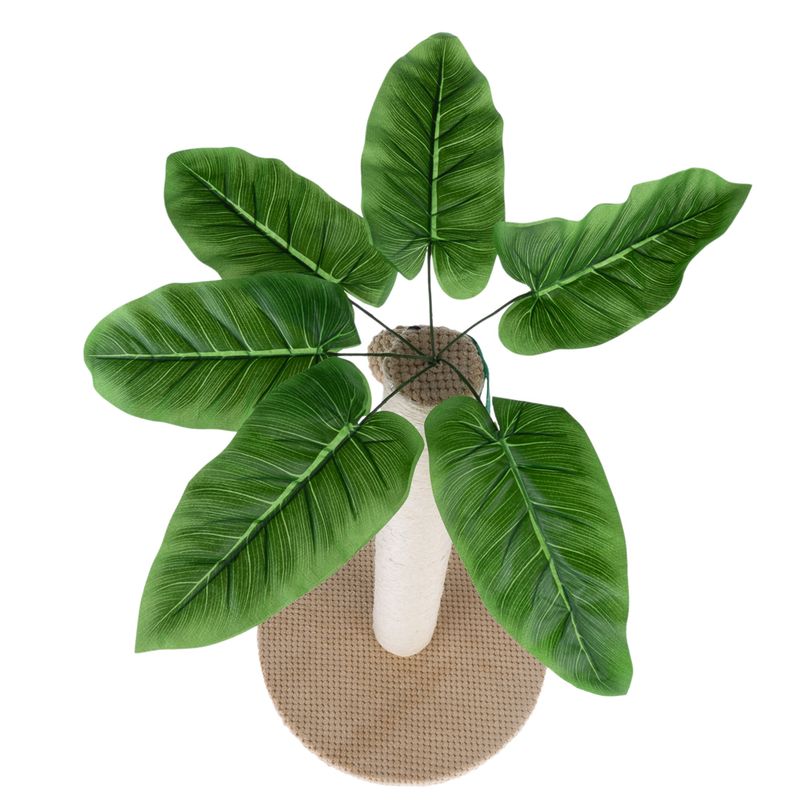 Cat tree with green leaf design, sisal post and round base made of beige fabric.