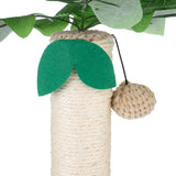 Scratching post with sisal rope, green felt leaves and hanging fabric toy.