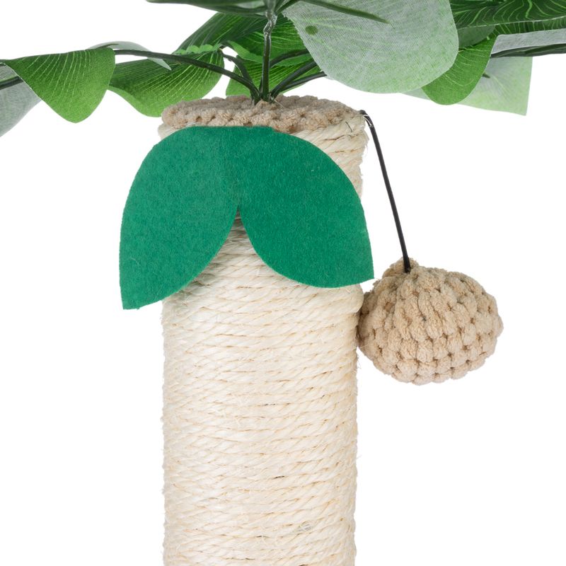 Scratching post with sisal rope, green felt leaves and hanging fabric toy.
