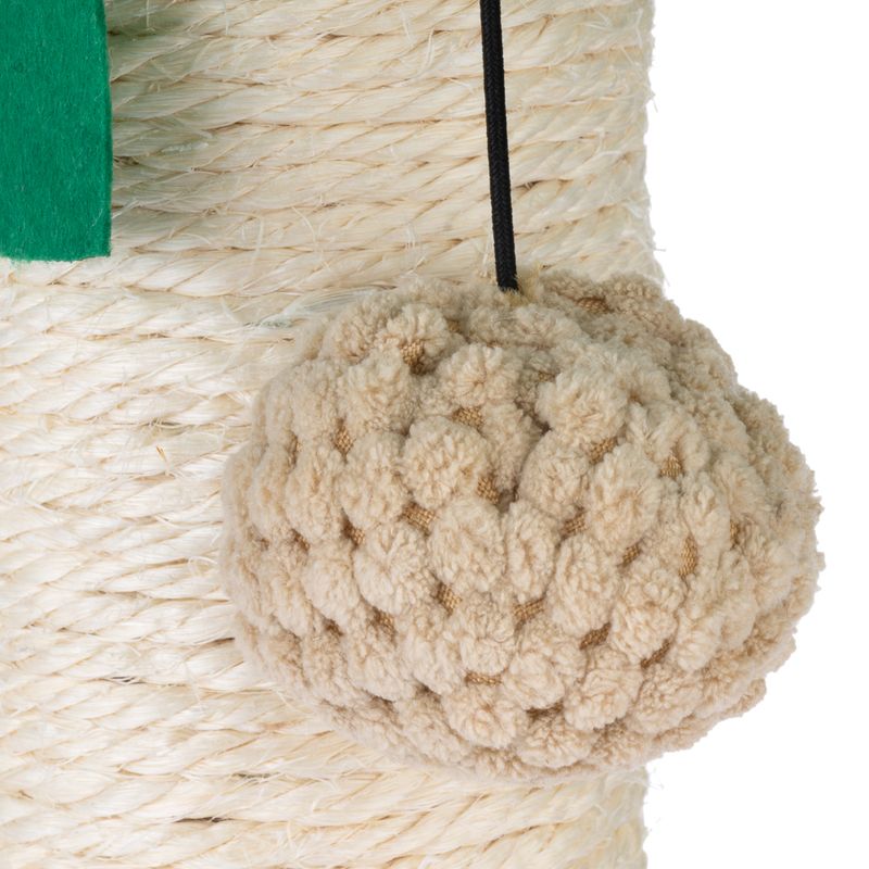 Cat tree with sisal rope and beige fabric play ball attached to a black cord.
