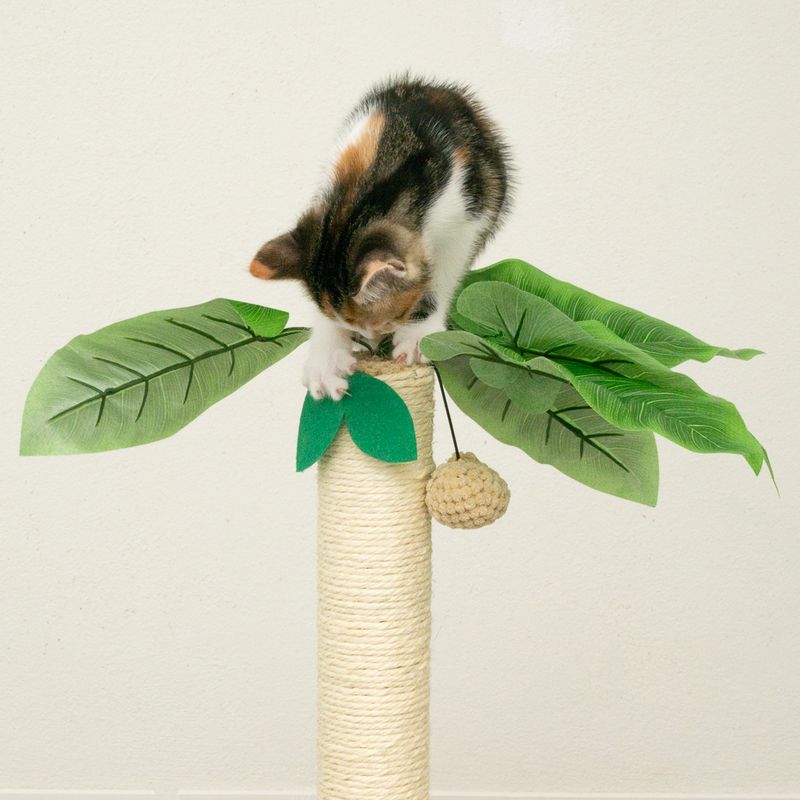 Cat tree with sisal post, green leaves and hanging toy. Cat playing on top of the cat tree.