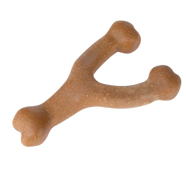 Brown, Y-shaped chew toy made of edible material with three rounded ends.
