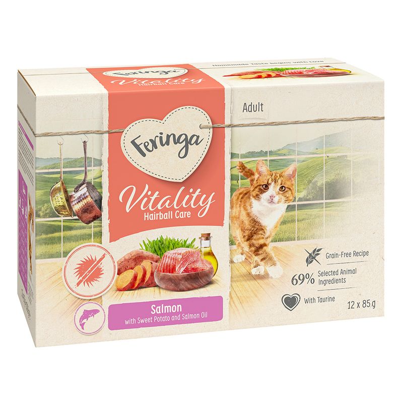 Feringa Vitality Hairball Care Adult. Salmon with sweet potato and salmon oil, grain-free recipe, 69% selected animal ingredients, with taurine. Pack contains 12 x 85g.