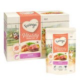 Feringa Vitality Hairball Care Adult. Flavour: salmon with sweet potato and salmon oil. Grain-free, 69% selected ingredients, with taurine. Packaging shows cat and product images.