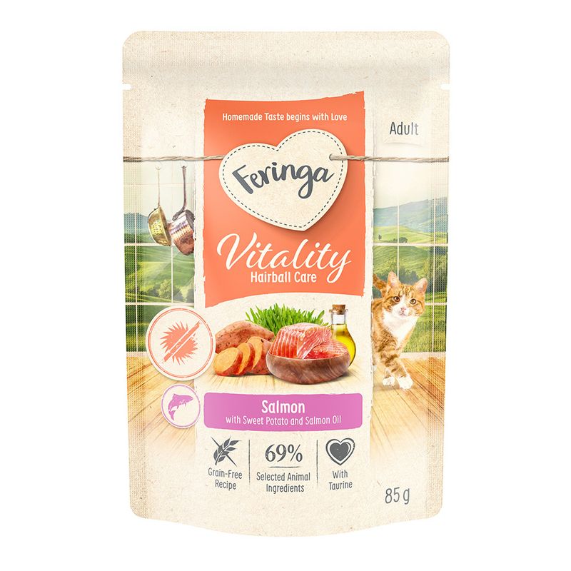 Feringa Vitality Hairball Care for adults, salmon flavour with sweet potato and salmon oil. Grain-free, 69% selected animal ingredients, with taurine. Pack size: 85g.