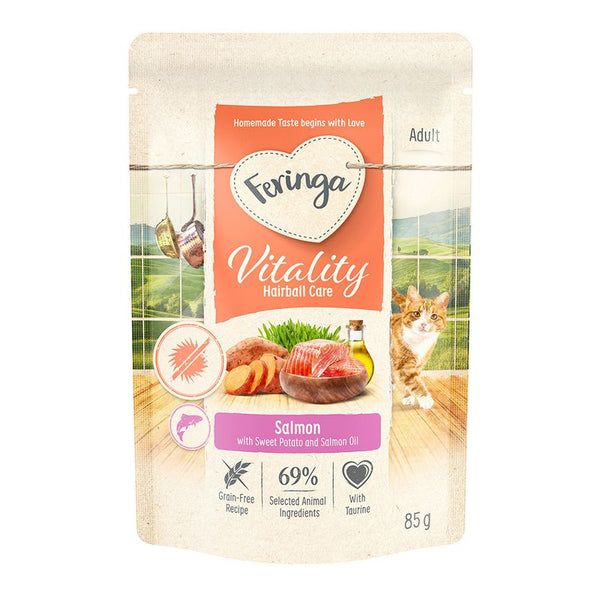 Feringa Vitality Hairball Care for adults, salmon flavour with sweet potato and salmon oil. Grain-free, 69% selected animal ingredients, with taurine. Pack size: 85g.