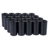 Black bin bag rolls, stacked in multiple rows. Suitable for disposing of animal waste.