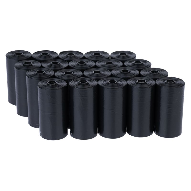 Black bin bag rolls, stacked in multiple rows. Suitable for disposing of animal waste.