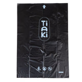 Tiaki dog waste bags made of black plastic with arrow indicating opening direction and disposal symbols, no animals and no plastic waste.