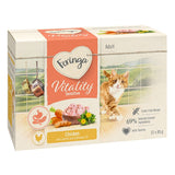 Feringa Vitality Sensitive Adult. Chicken with carrots and safflower oil, grain-free, 69% selected animal ingredients, with taurine. Pack contains 12 x 85g.