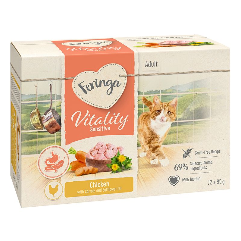 Feringa Vitality Sensitive Adult. Chicken with carrots and safflower oil, grain-free, 69% selected animal ingredients, with taurine. Pack contains 12 x 85g.