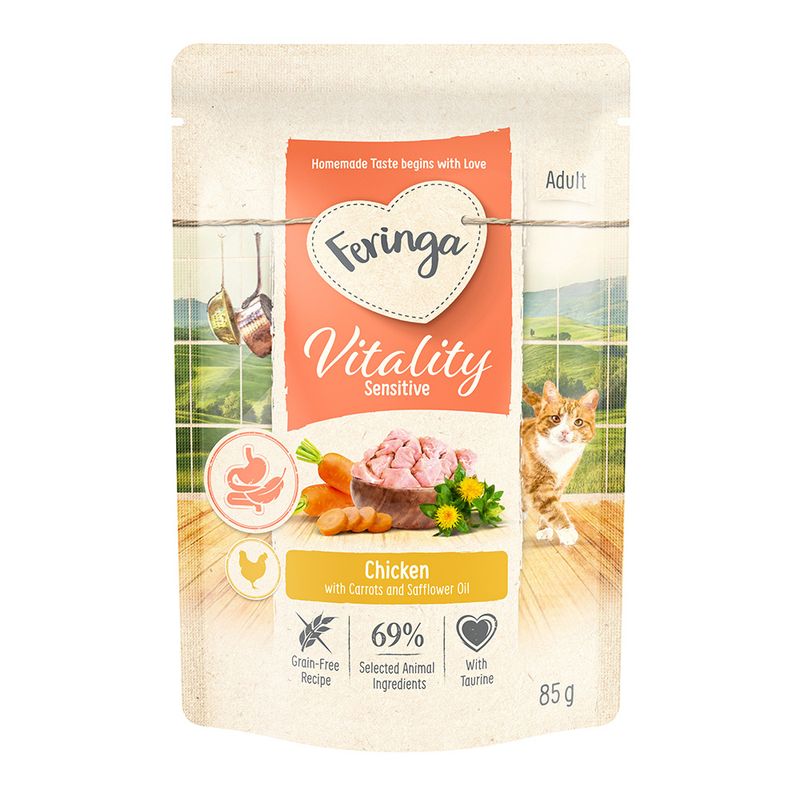 Feringa Vitality Sensitive Adult, chicken with carrots and safflower oil, grain-free, 69% animal ingredients, with taurine, 85g.