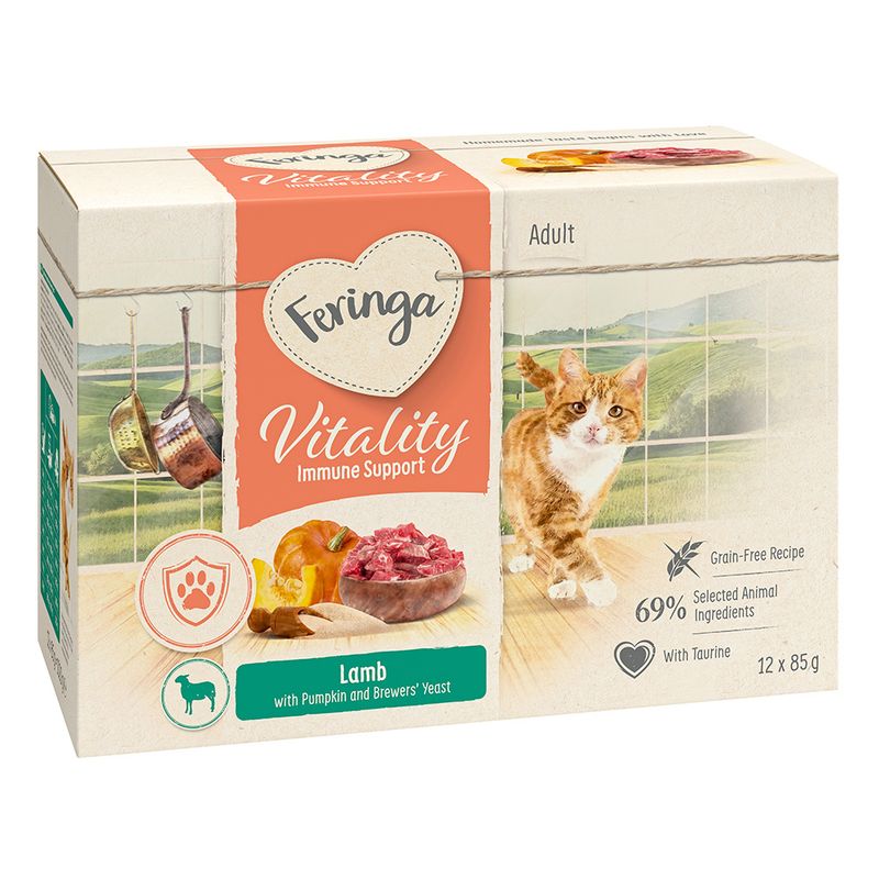 Feringa Vitality Immune Support Adult. Lamb with pumpkin and brewer's yeast, grain-free recipe, 69% selected animal ingredients, with taurine. Pack contains 12 x 85g.