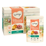 Feringa Vitality Immune Support Adult. Lamb with pumpkin and brewer's yeast, grain-free recipe, 69% selected ingredients, with taurine. Packaging shows cat and dog.
