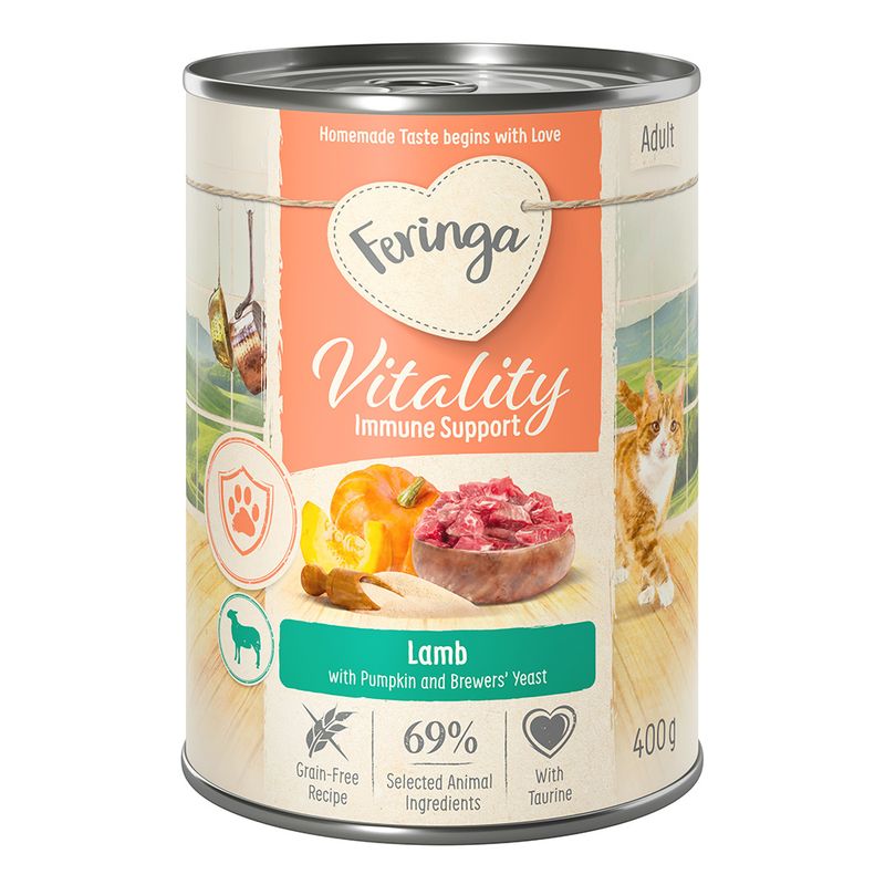 Feringa Vitality Immune Support Adult. Lamb with pumpkin and brewer's yeast, 69% selected animal ingredients, grain-free, with taurine. 400g can.
