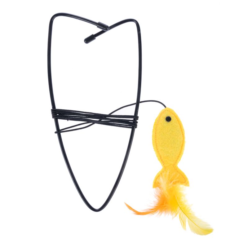 Wire toy with yellow felt fish and yellow feathers, suitable for interactive play.