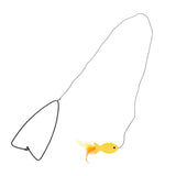 Toy with yellow fish and feather on black wire, suitable for interactive play.