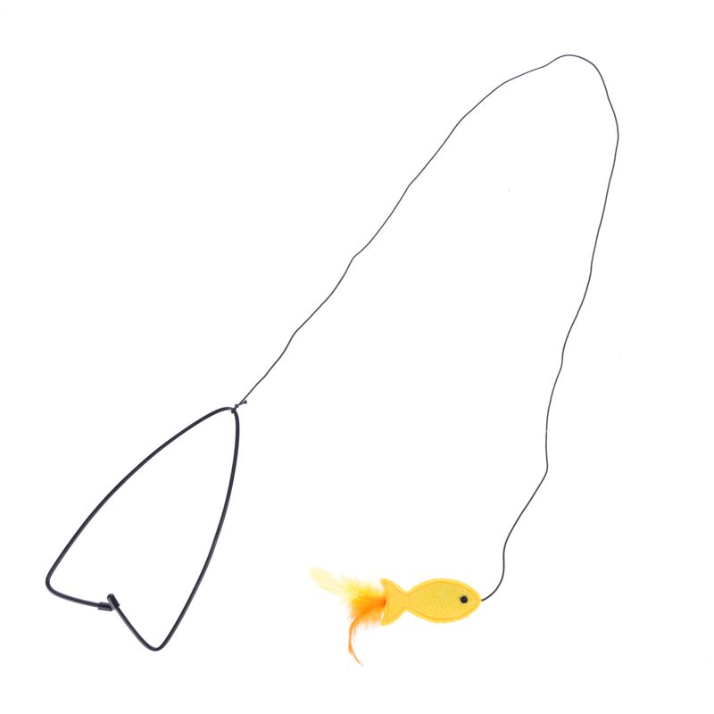 Toy with yellow fish and feather on black wire, suitable for interactive play.