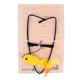 Toy for cats: yellow fish with feathers on elastic band. Instructions and warnings visible on packaging in several languages.