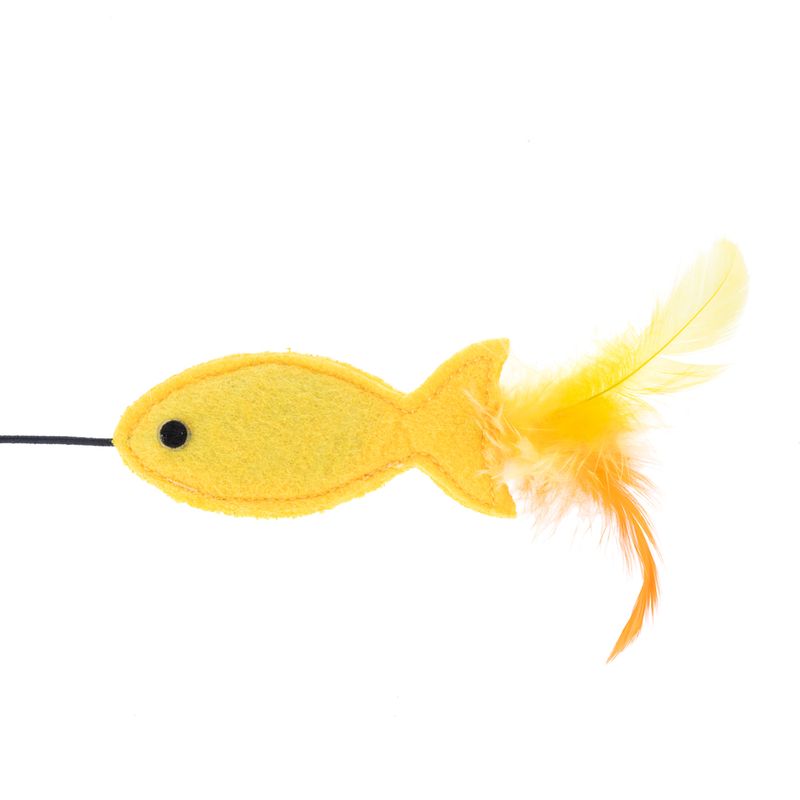 Yellow felt toy in fish shape with a feather on the tail, suitable for interactive play.