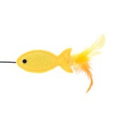 Yellow felt toy in fish shape with a feather on the tail, suitable for interactive play.