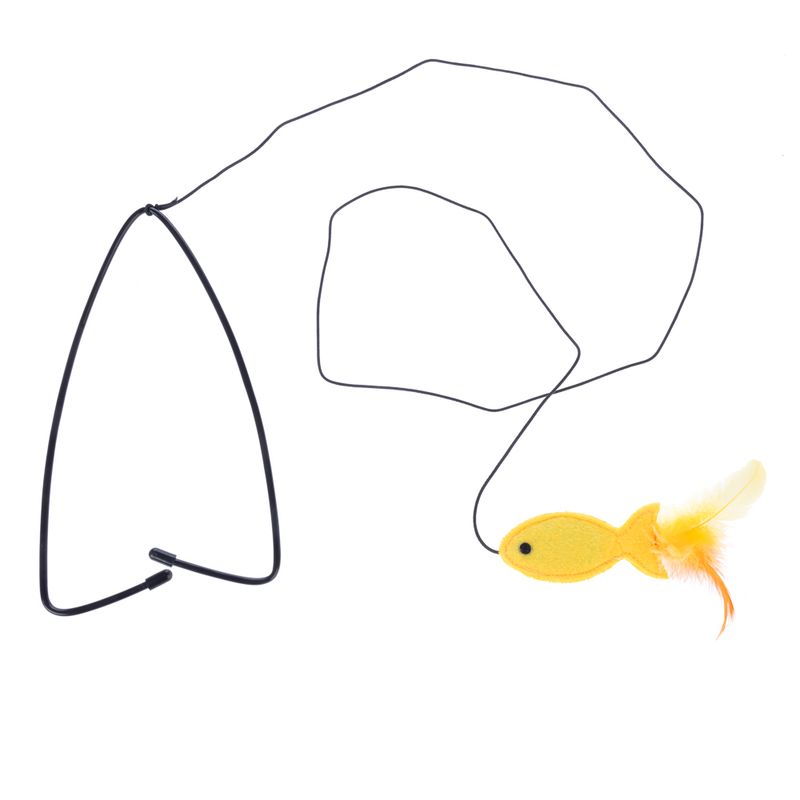 Toy for cats: yellow fish with feather on black wire. Suitable for interactive play.