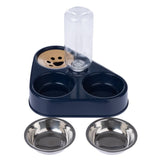 Double bowl made of stainless steel with plastic water container, suitable for pets.