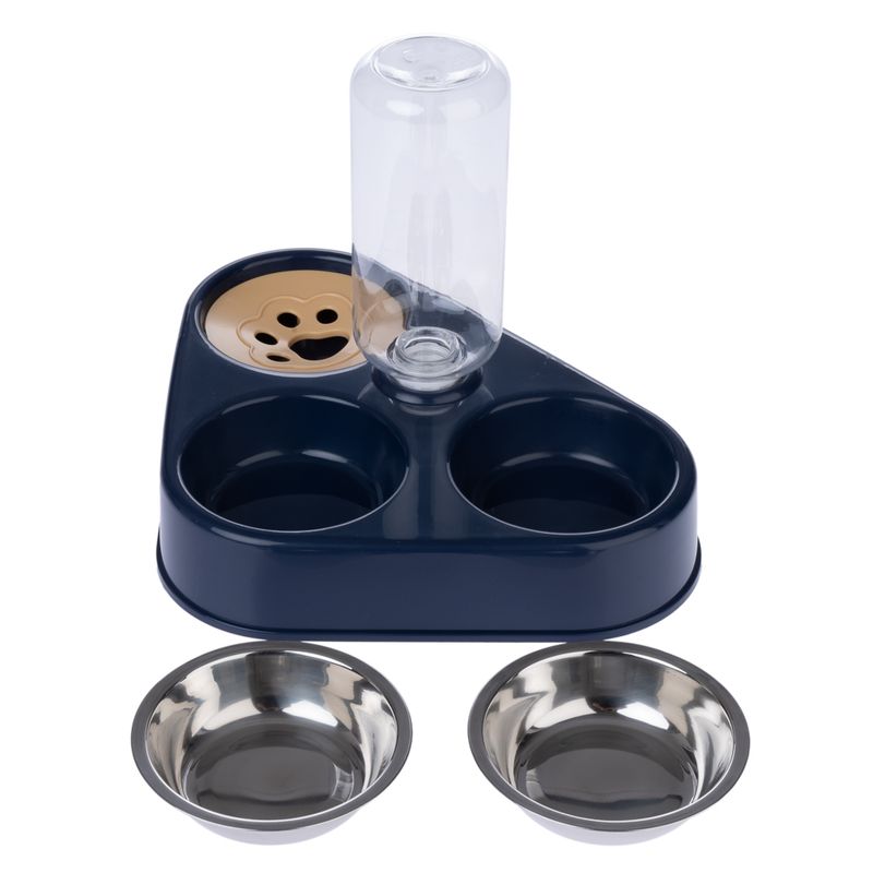 Double bowl made of stainless steel with plastic water container, suitable for pets.