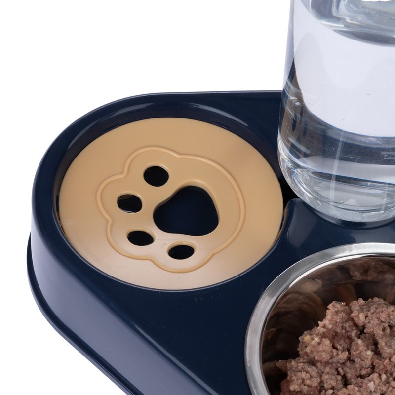 Feeding bowl with stainless steel dish, beige paw design and water container. Suitable for food and water at the same time.