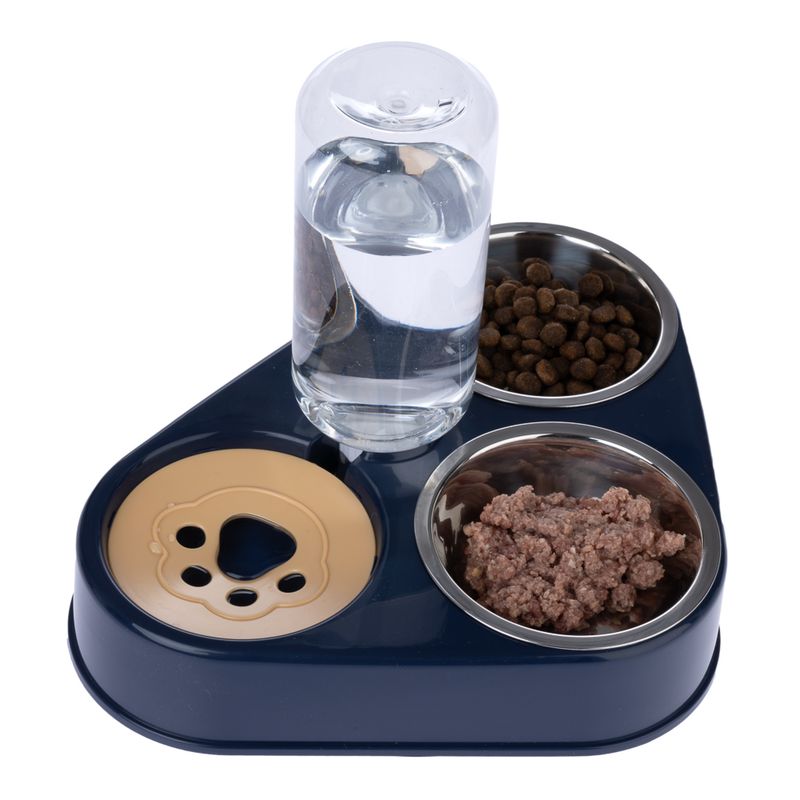 Three-piece food and water set with stainless steel bowls for dry food, wet food and water bottle. Integrated paw-shaped tray in beige.