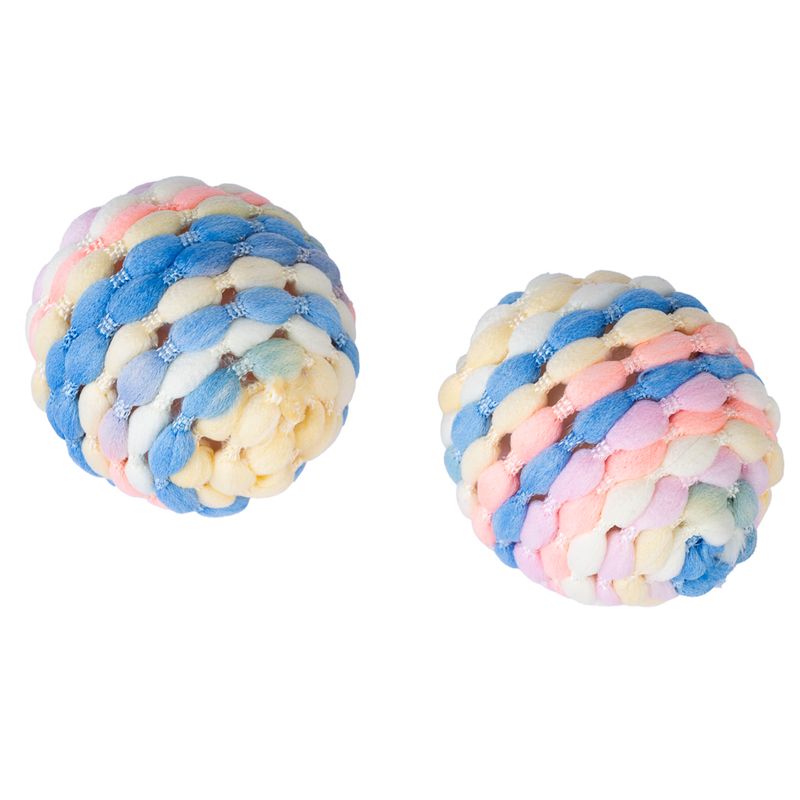 Two colourful play balls made of braided fabric in pastel colours, suitable for pet play.