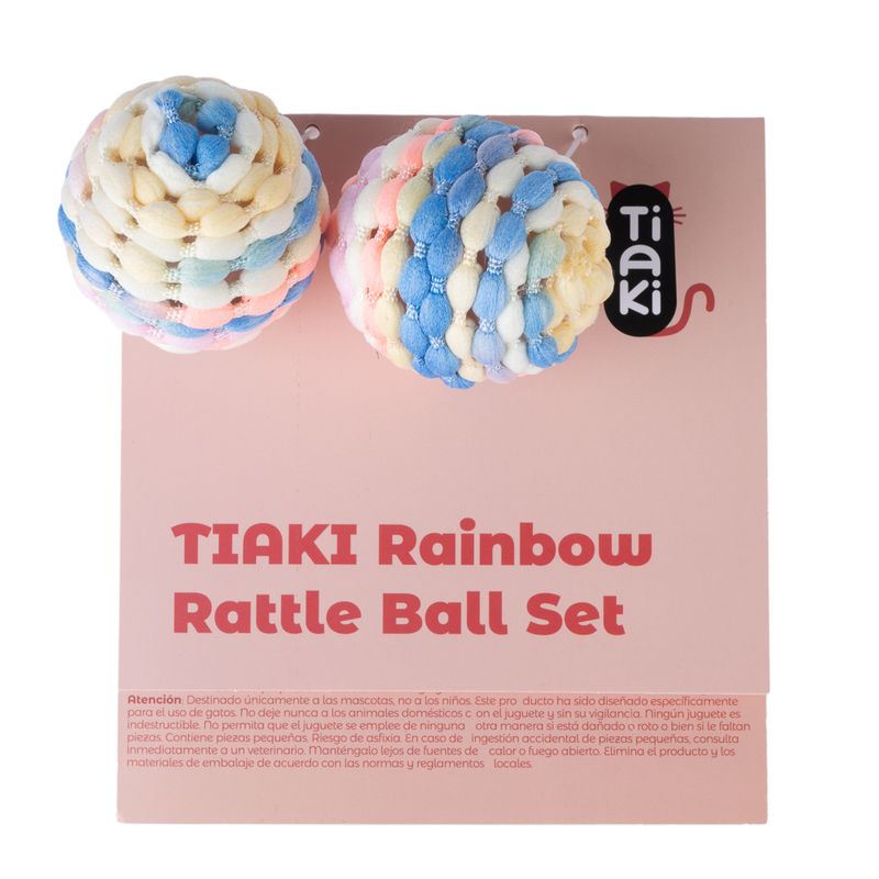 TIAKI Rainbow Rattle Ball Set, two colourful fabric play balls on a pink background. Note: Suitable for pets only, not for children.