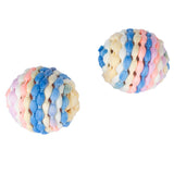 Two colourful play balls made of braided fabric in pastel colours, suitable for interactive play.