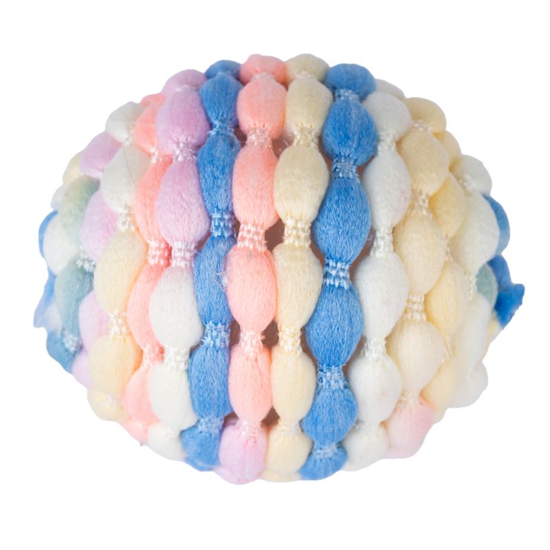 Colourful ball made of soft fabric with pastel stripes in blue, pink, yellow and white.