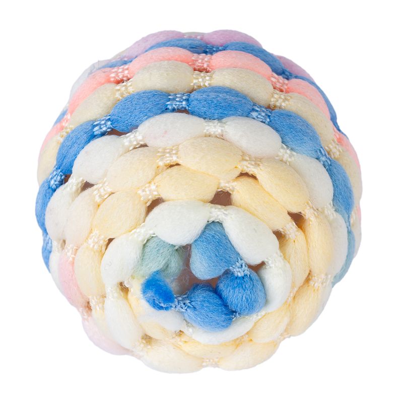 Colourful fabric ball with braided design in blue, pink and beige.