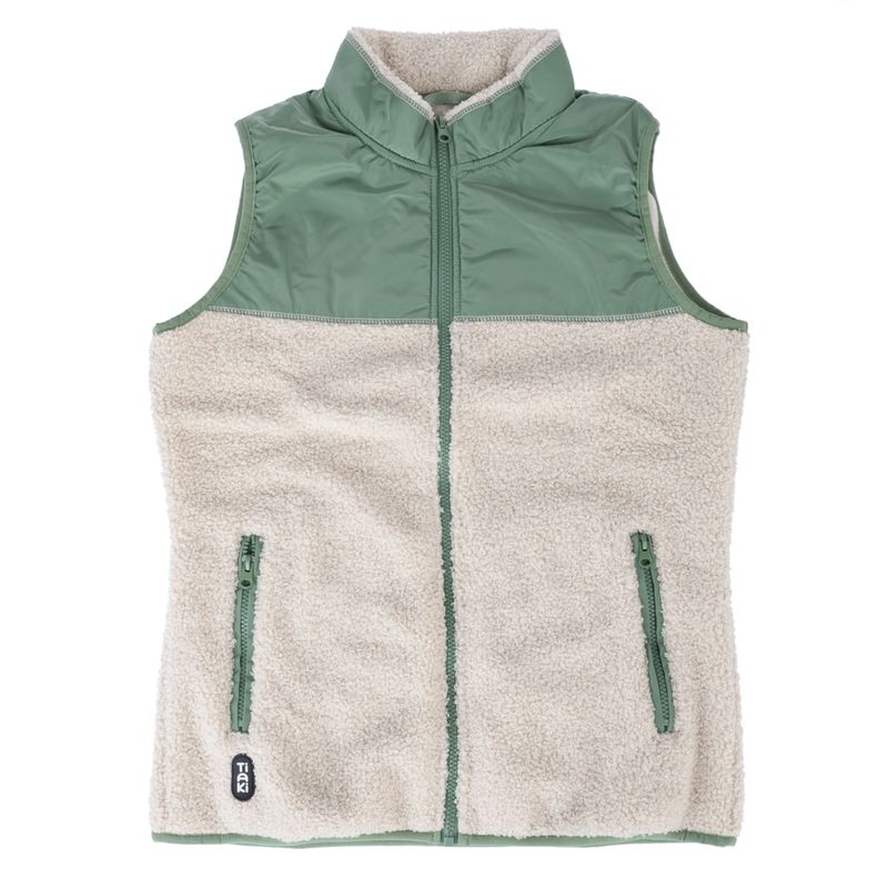 Green and cream-coloured vest with zip, two pockets with green zippers and TIAK logo at bottom left.