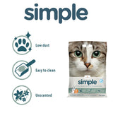 Product features: low dust, easy to clean, unscented. Image shows a bag with a cat's face and the word 'simple' above.