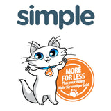 Text reads simple. Badge states more for less, plus pour moins, mehr für weniger Geld, next to a cartoon cat with blue eyes and a collar.