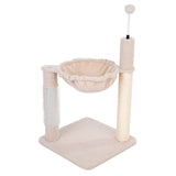 Cat tree with beige lying surface, sisal scratching post, brush and toy ball on spring.