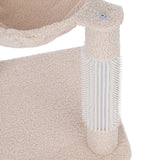 Cat tree with beige plush cover and integrated white brush on the post for coat care.