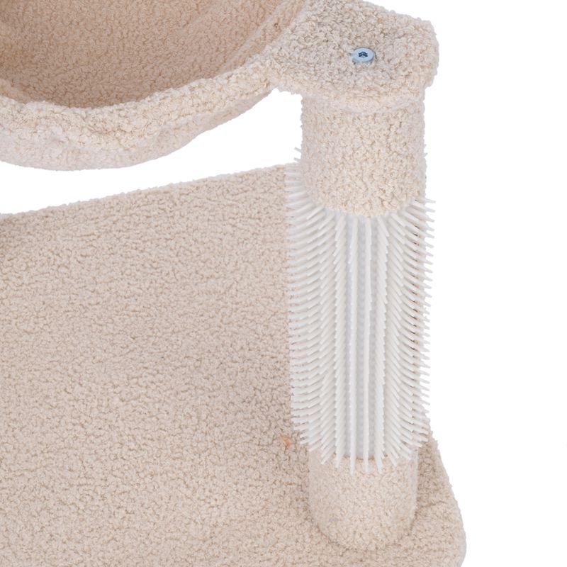Cat tree with beige plush cover and integrated white brush on the post for coat care.