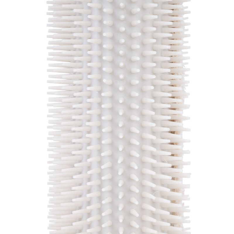 Close-up of a white brush with flexible plastic bristles, suitable for cleaning or care.