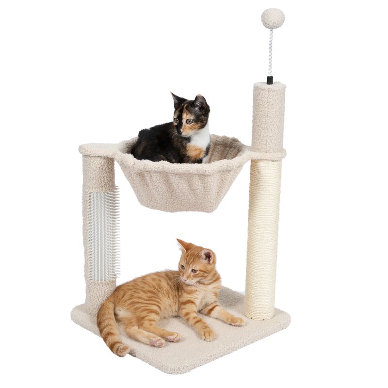 Cat tree with hammock, sisal scratching post, play ball and brush strip. Two cats demonstrating use.