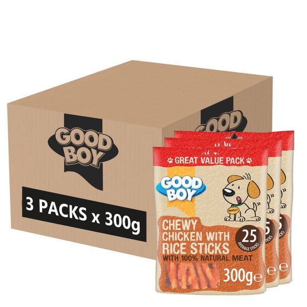 Three packs of Good Boy Chewy Chicken with Rice Sticks, 300g each, containing 25 sticks per pack, made with 100% natural meat. Box labelled 3 packs x 300g.