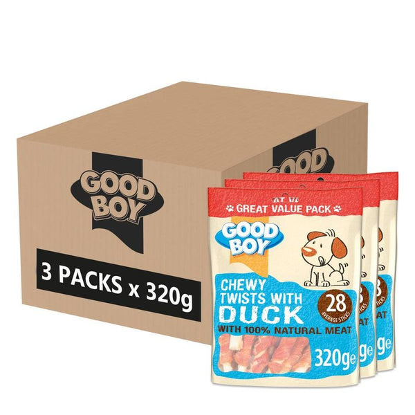 Three packs of Good Boy Chewy Twists with Duck, each 320g, containing 28 average sticks per pack, made with 100% natural meat. Box label shows 3 packs x 320g.
