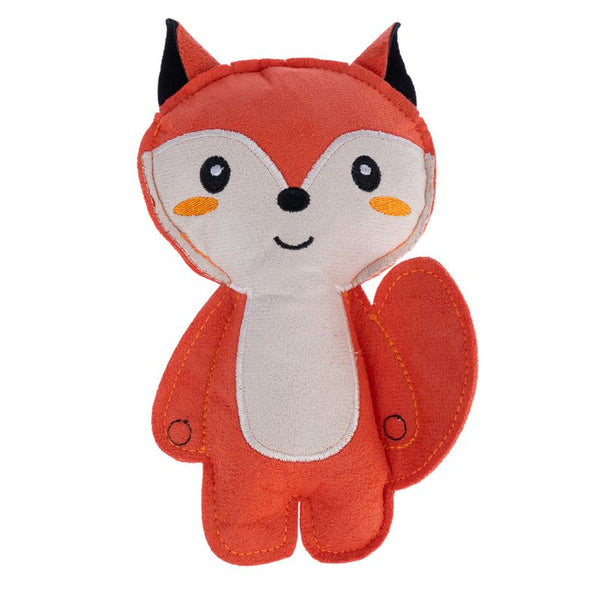 Fabric toy in the shape of an orange fox with white and black details.