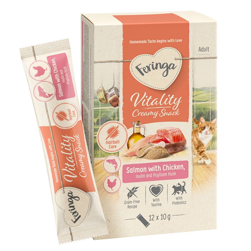 Feringa Vitality Creamy Snack, salmon with chicken, inulin and psyllium husks. Hairball care, grain-free, with taurine and prebiotics. Pack contains 12 x 10 g.