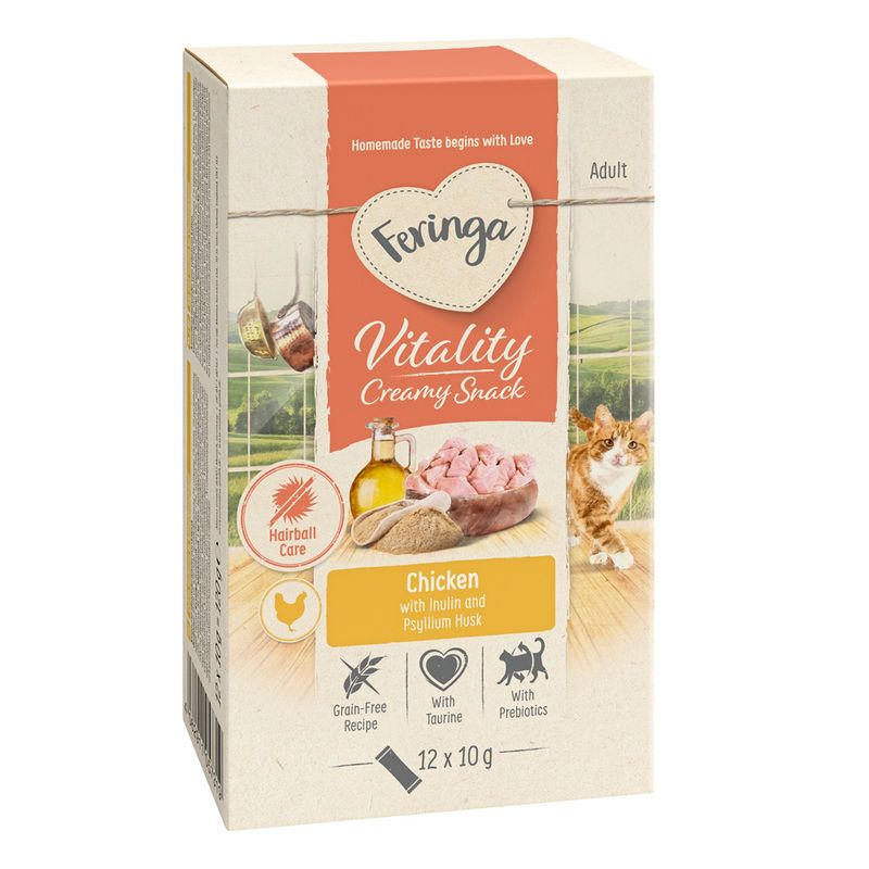 Feringa Vitality Creamy Snack for adults, chicken flavour with inulin and psyllium husks. Grain-free, with taurine, prebiotics and hairball care. Pack size: 12 x 10 g.