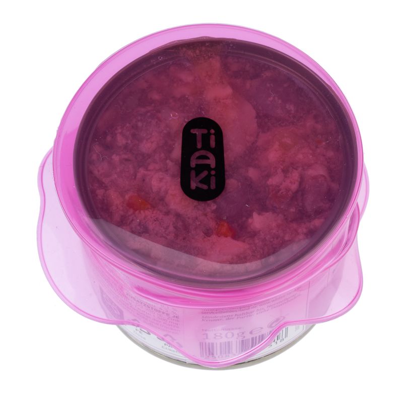 Tiaki wet food in a transparent, pink packaging with visible contents. Weight: 180g.