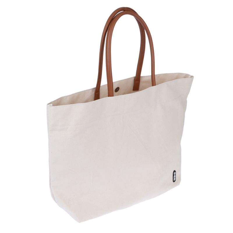 White fabric bag with brown leather handles and small logo print at bottom right.